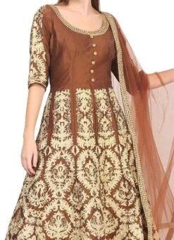 Gold N Brown Raw Silk Embroidery Anarkali Suit Party Wear