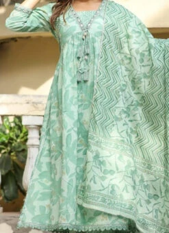Green Blended Cotton Digital Print Anarkali Suit After Six Wear