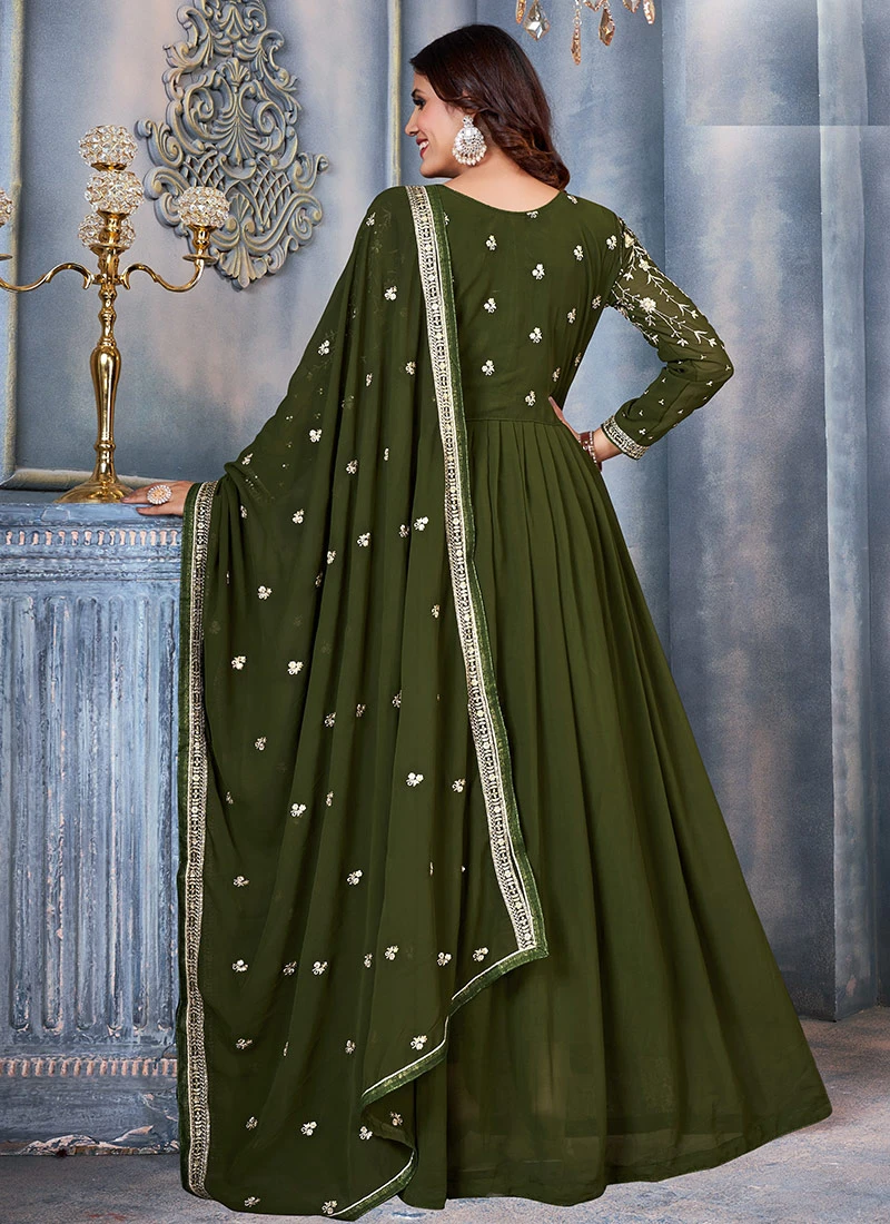 Green Faux Georgette Embroidered Anarkali Suit Party Wear - Image 4
