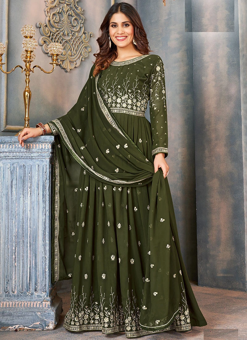 Green Faux Georgette Embroidered Anarkali Suit Party Wear - Image 3
