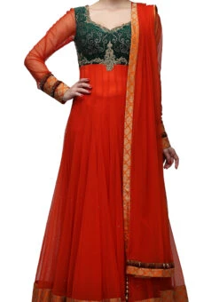 Green N Orange Net Gold Zari Tikki Work Anarkali Suit Party Wear