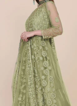 Green Net Embroidered Work Anarkali Suit Party Wear