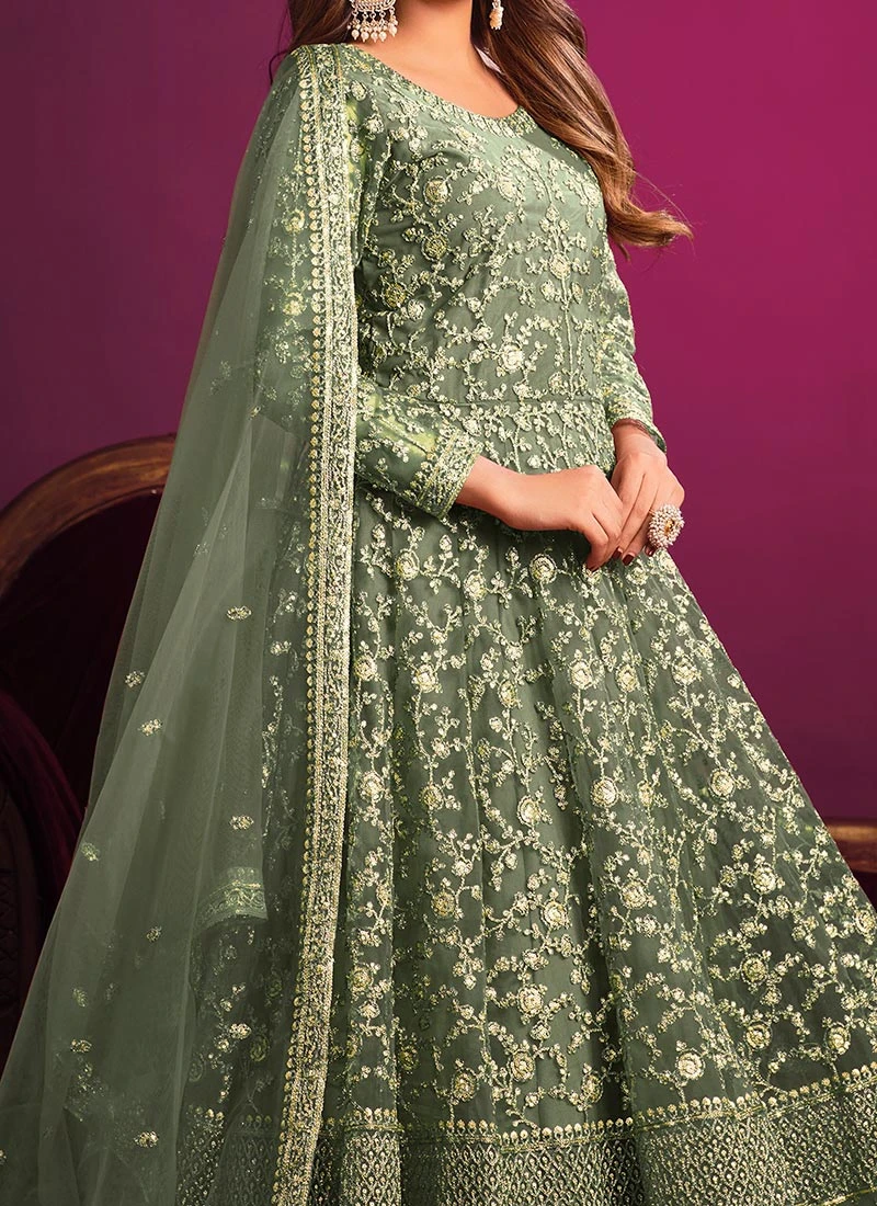 Green Net Embroidery Anarkali Suit Party Wear