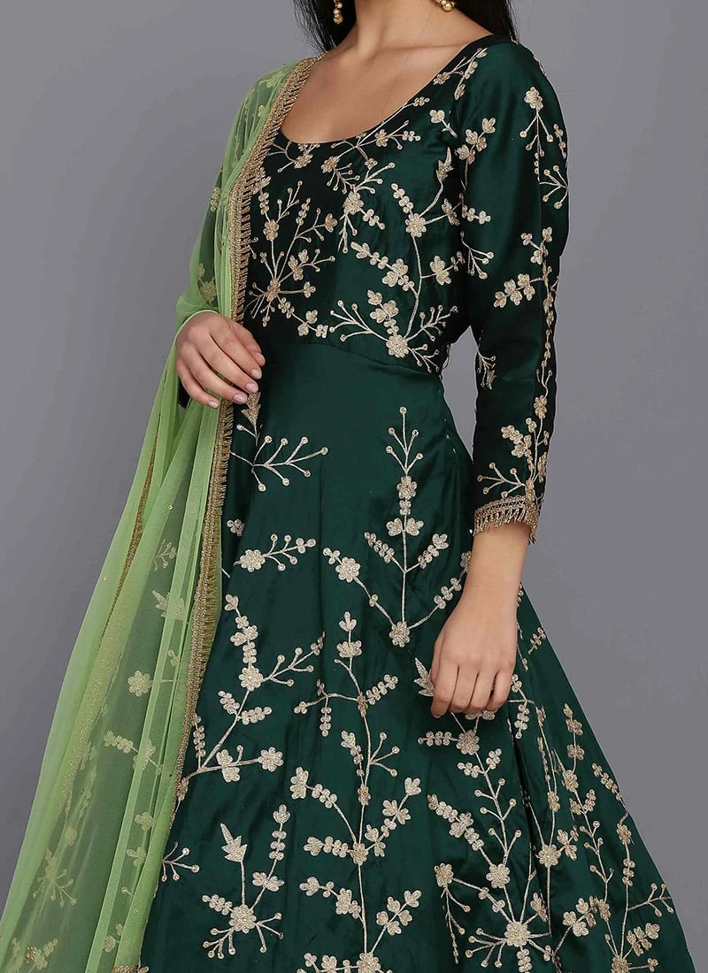 Green Taffeta Silk Golden Zari Anarkali Suit Party Wear