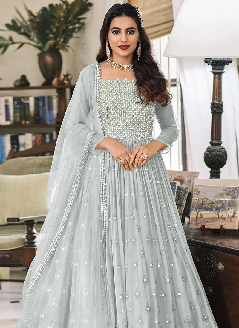 Grey Georgette Embroidered Designer Anarkali Suit Festive Wear - Image 4