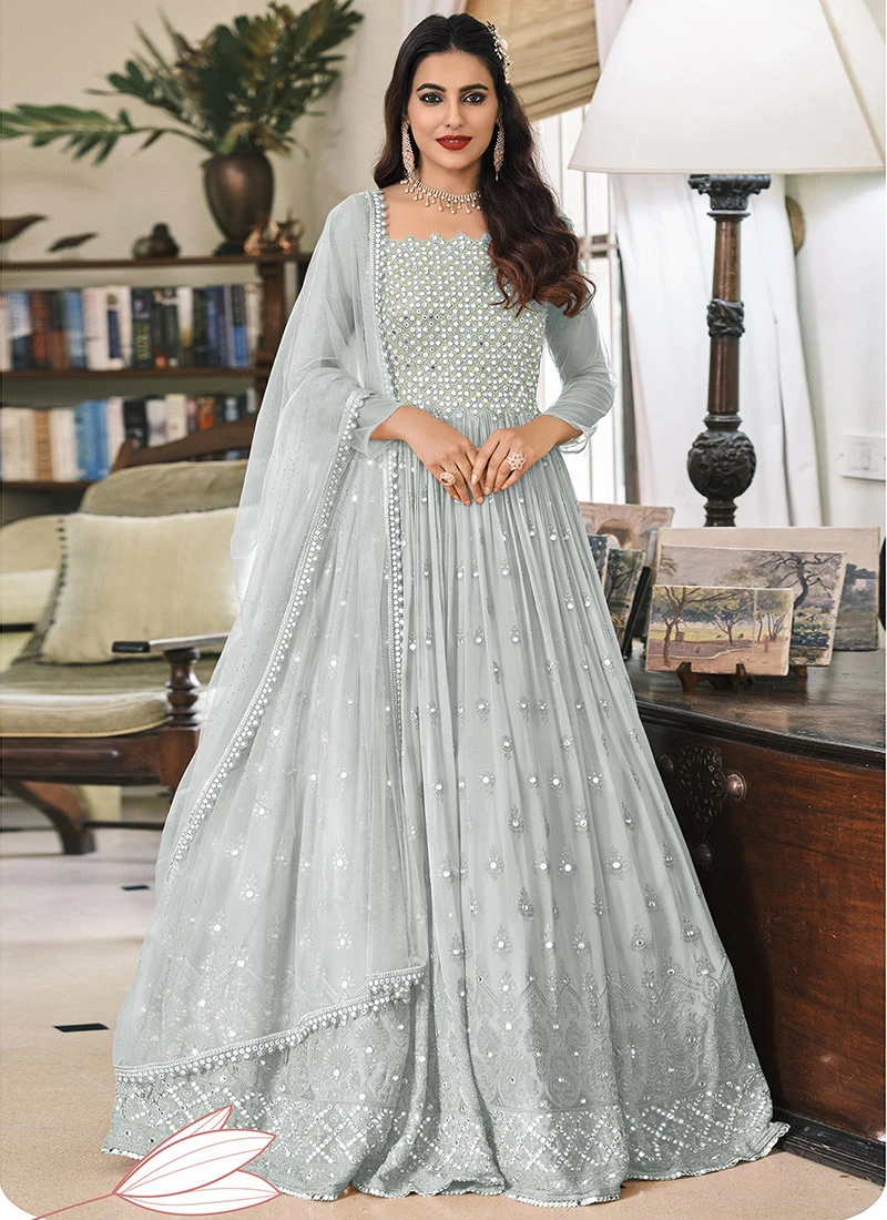 Grey Georgette Embroidered Designer Anarkali Suit Festive Wear - Image 3