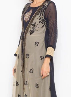 Grey Net Kurta Straight Pant Set Party Wear