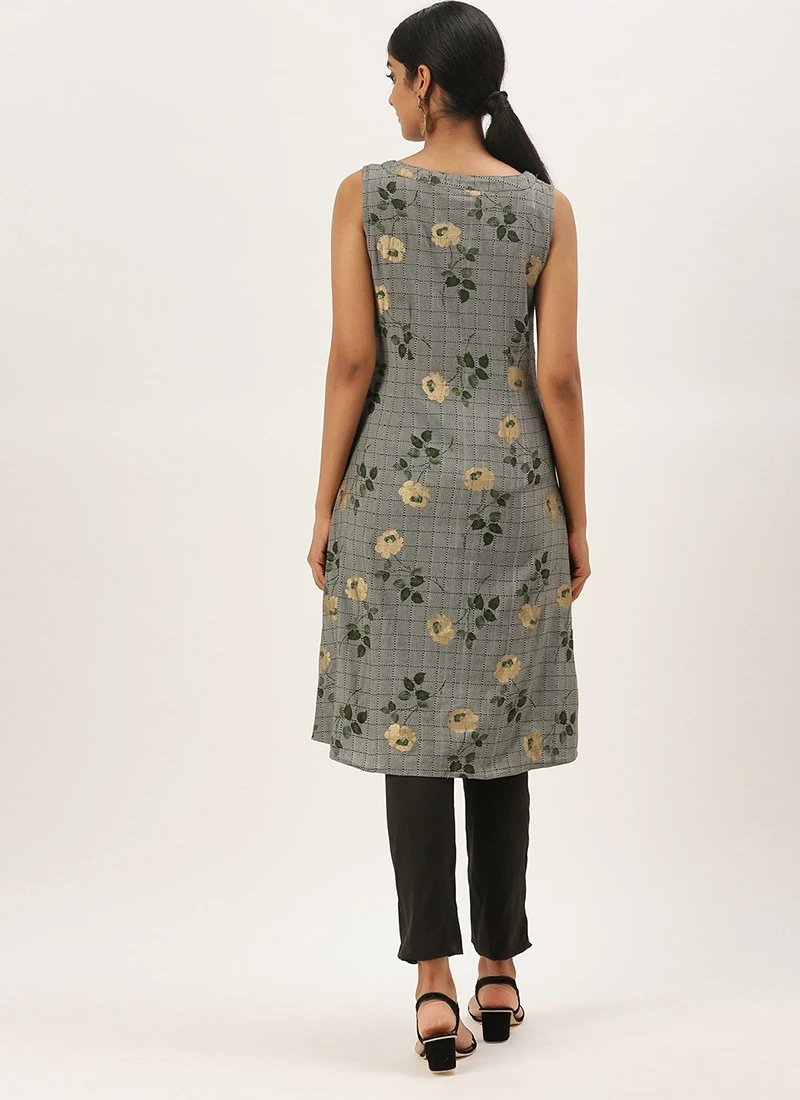 Grey Rayon Kurta Narrow Straight Pant Set Work Wear - Image 4