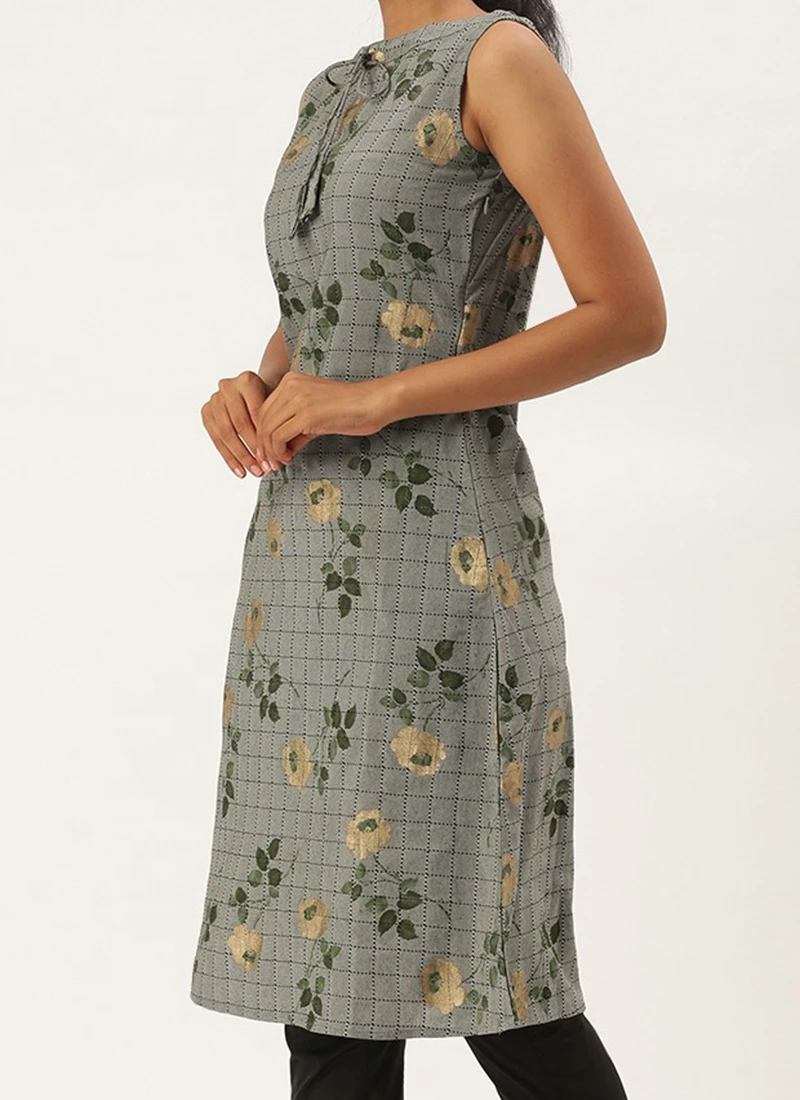 Grey Rayon Kurta Narrow Straight Pant Set Work Wear