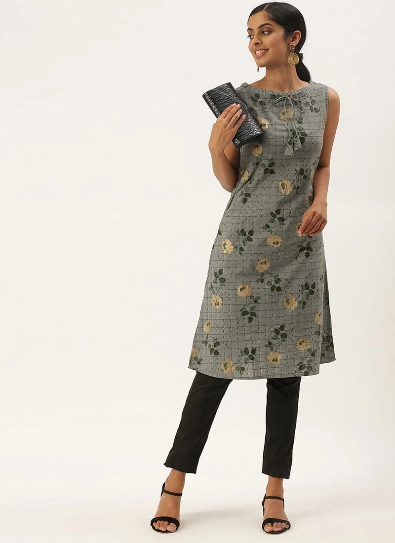 Grey Rayon Kurta Narrow Straight Pant Set Work Wear - Image 3