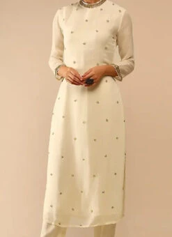 Ivory Pure Georgette Embroidered Kurta Straight Pant Set Party Wear