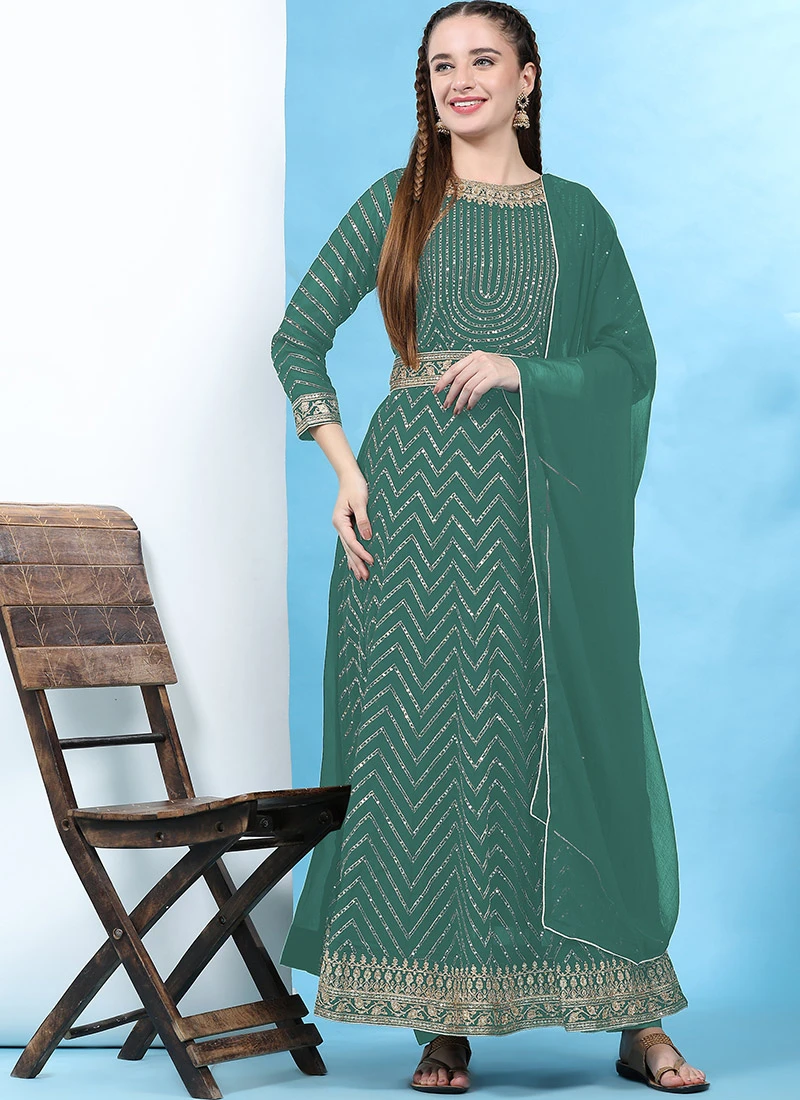 Light Green Faux Georgette Embroidered Anarkali Suit Party Wear - Image 3