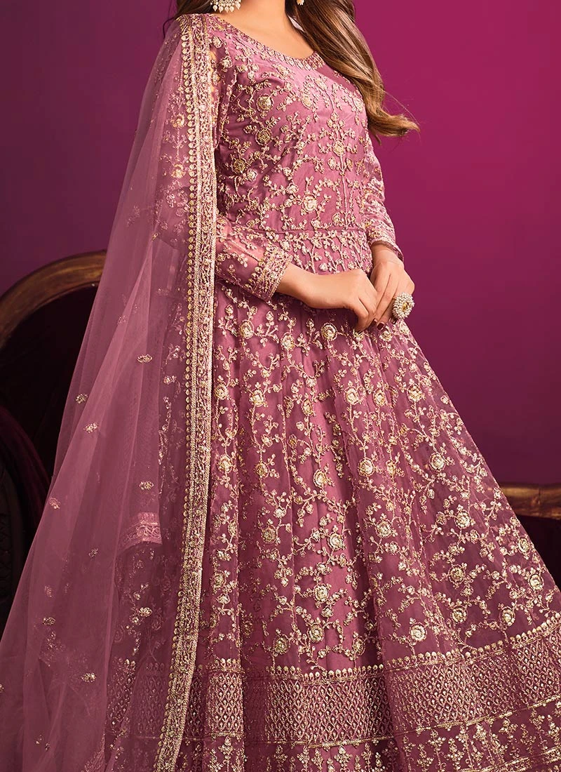 Magenta Net Embroidered Anarkali Suit Party Wear