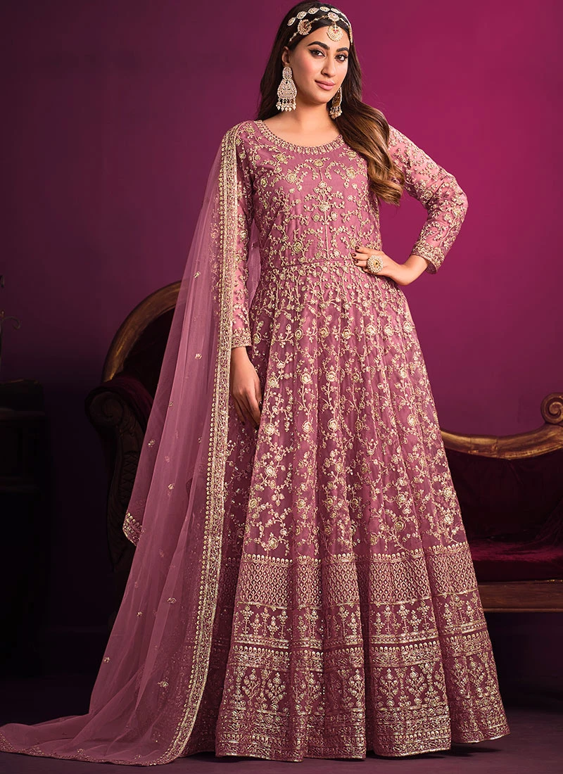 Magenta Net Embroidered Anarkali Suit Party Wear - Image 3