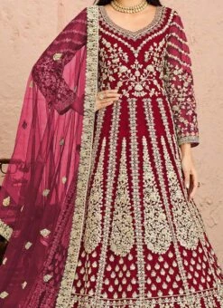 Magenta Pink Net Embroidered N Sequins Anarkali Suit Wedding Wear