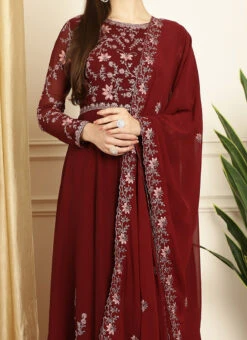 Maroon Faux Georgette Embroiered Anarkali Suit Party Wear
