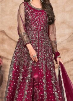 Maroon Net Embroidered Anarkali Suit Party Wear