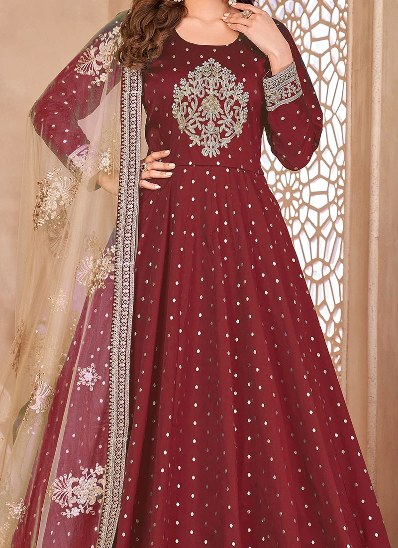 Maroon Taffeta Embroidered Stones Anarkali Suit Party Wear