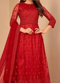Net Embroidery Red Anarkali Suit Party Wear