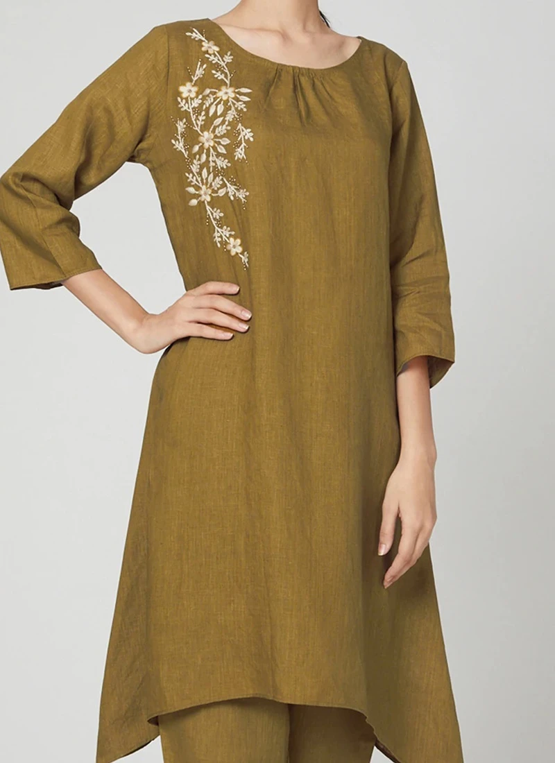 Olive Green Linen Kurta Set Work Wear
