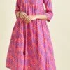 Pink Cotton Three Fourth N Boat Neck Leheriya Kurta Pant Set Work Wear