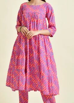 Pink Cotton Three Fourth N Boat Neck Leheriya Kurta Pant Set Work Wear