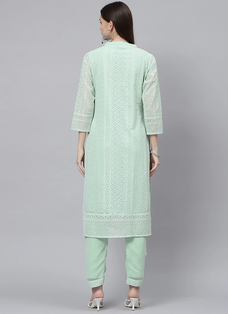 Pista Green Georgette Embroidery Kurta Straight Pant Set Work Wear - Image 4