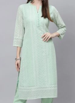 Pista Green Georgette Embroidery Kurta Straight Pant Set Work Wear