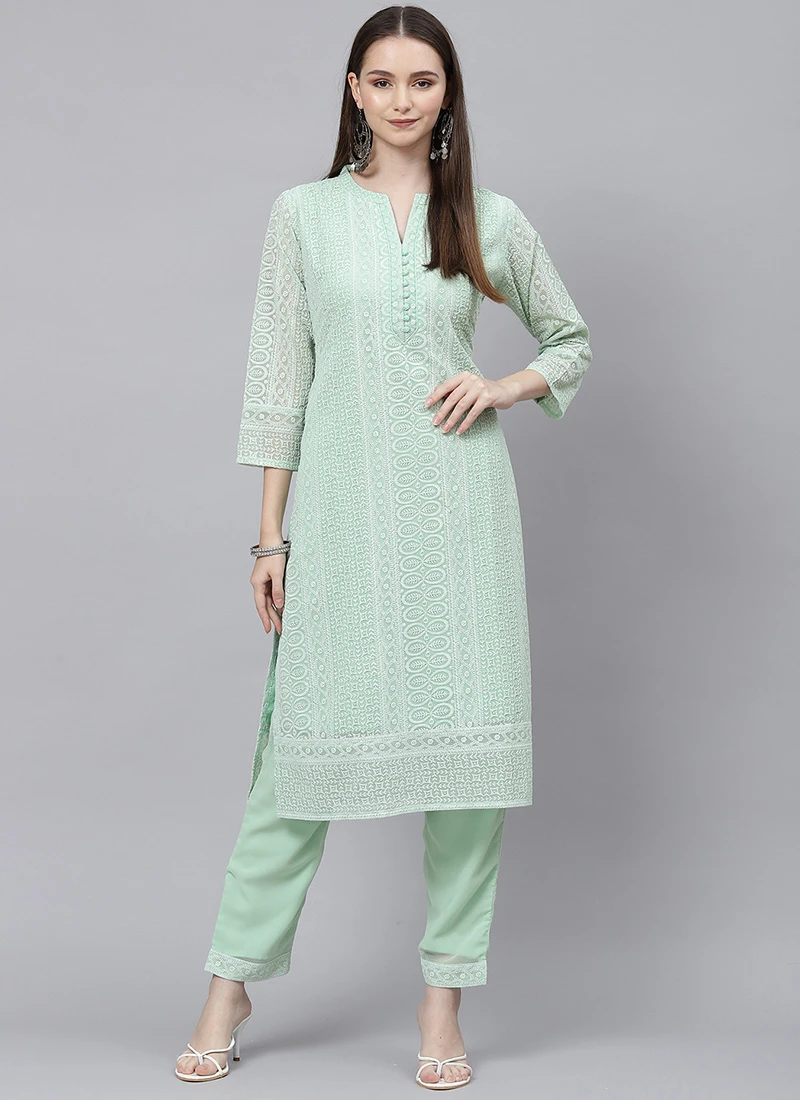 Pista Green Georgette Embroidery Kurta Straight Pant Set Work Wear - Image 3