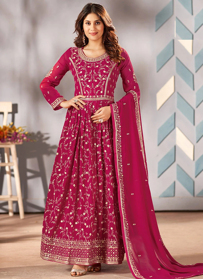 Rani Pink Faux Georgette Embroidered Anarkali Suit Party Wear - Image 3