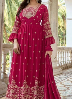 Rani Pink Georgette Zari Embroidered Anarkali Suit Party Wear