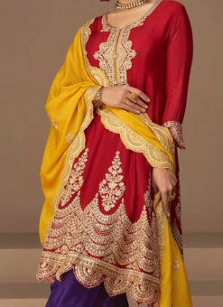 Red Chinon Silk Embroidered Anarkali Palazzo Suit Party Wear