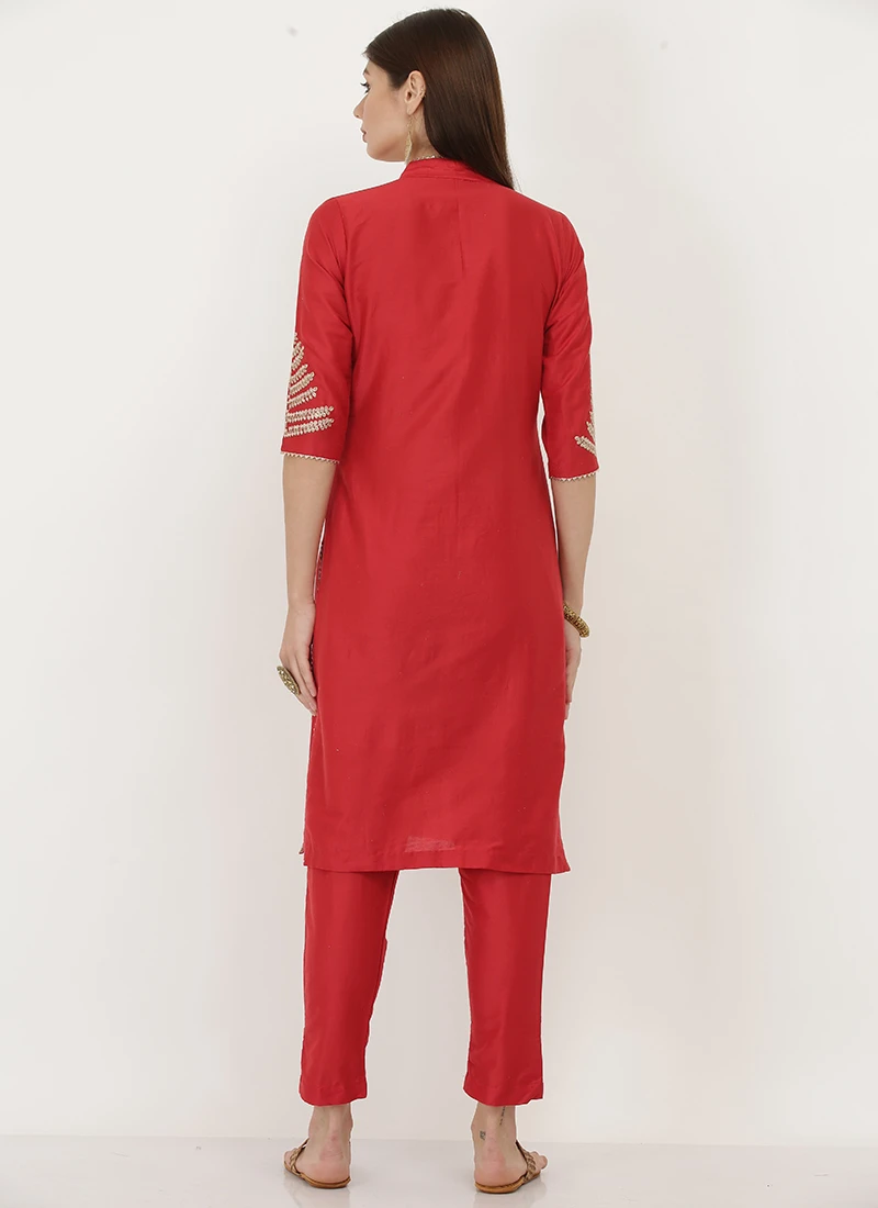 Red Cotton Silk Embroidered Kurta Straight Pant Set After Six Wear - Image 4