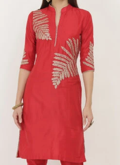 Red Cotton Silk Embroidered Kurta Straight Pant Set After Six Wear