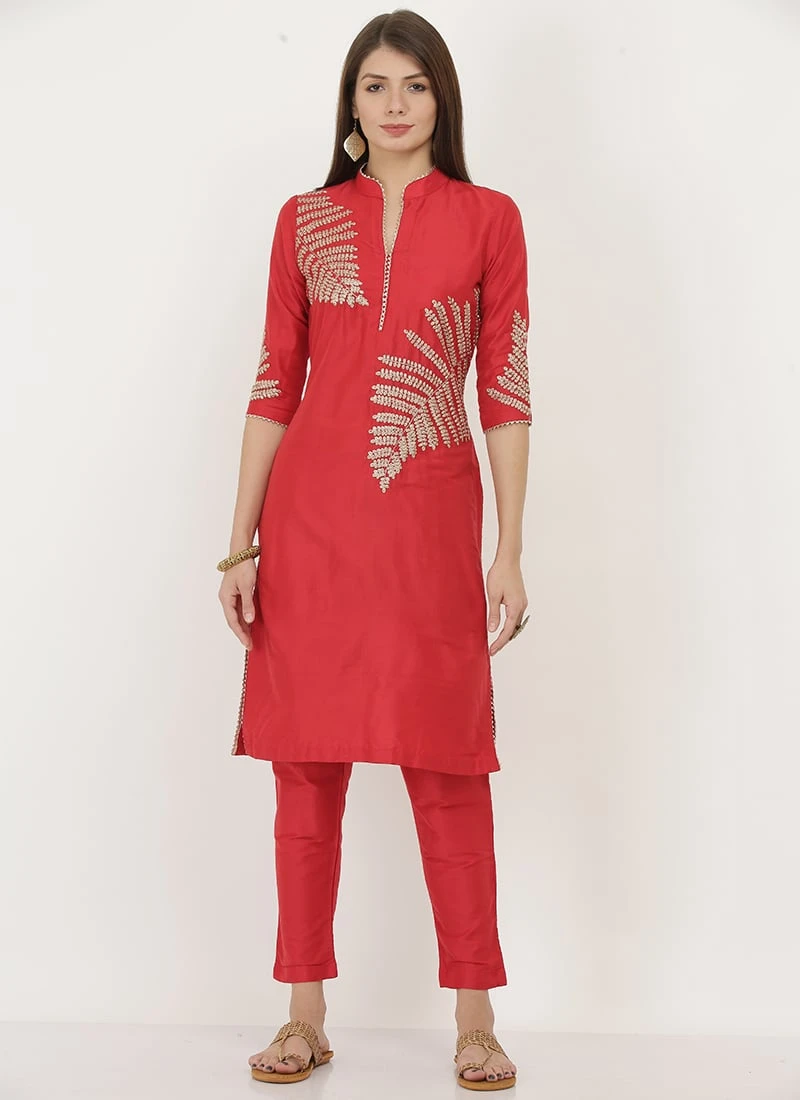 Red Cotton Silk Embroidered Kurta Straight Pant Set After Six Wear - Image 3