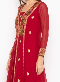 Red Georgette Embroidered Kurta Straight Pant Set Party Wear