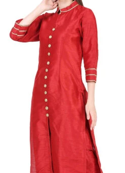 Red Raw Silk Kurta Straight Pant Set Party Wear