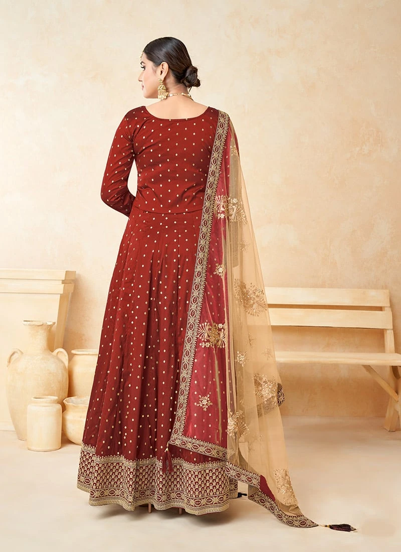 Red Taffeta Embroidered Anarkali Suit Party Wear - Image 4