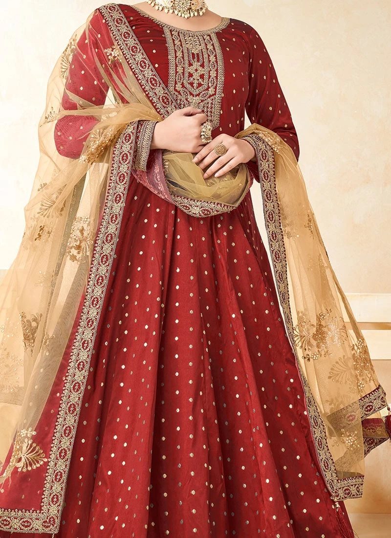 Red Taffeta Embroidered Anarkali Suit Party Wear