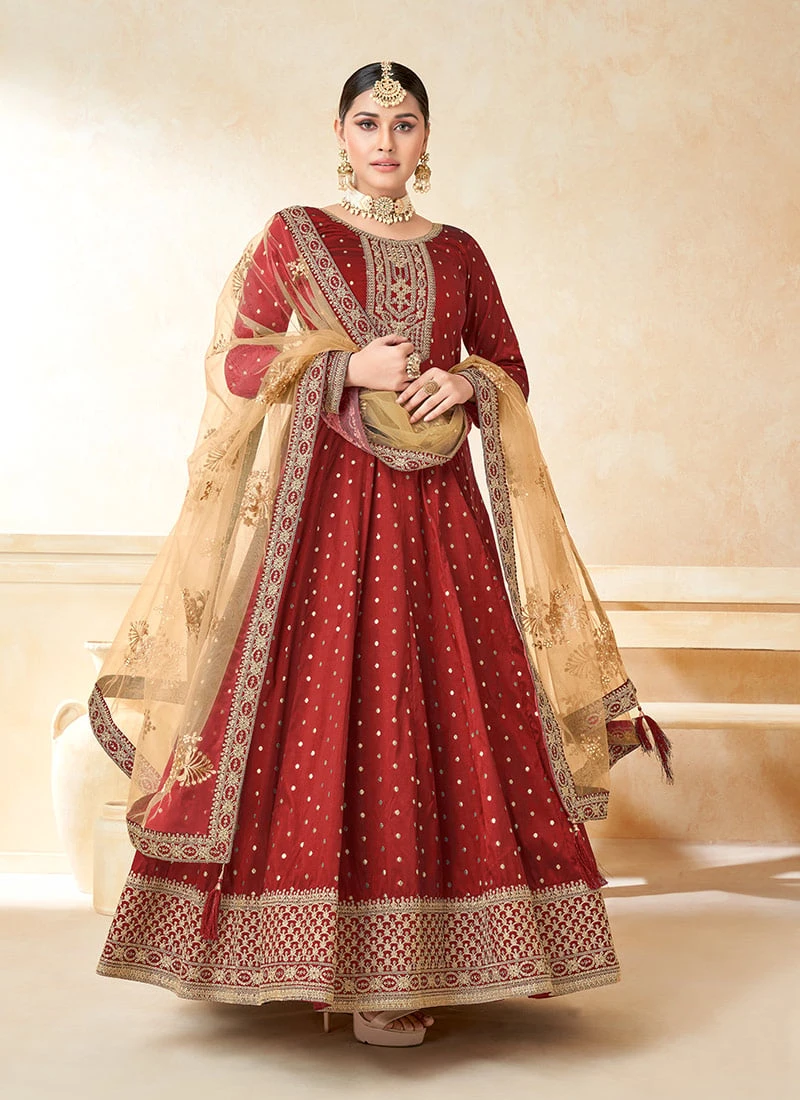 Red Taffeta Embroidered Anarkali Suit Party Wear - Image 3