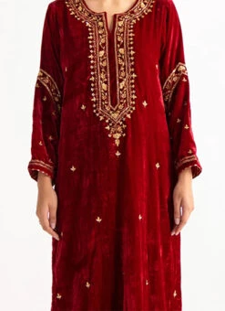 Red Velvet Embroidered Straight Pant Suit Party Wear
