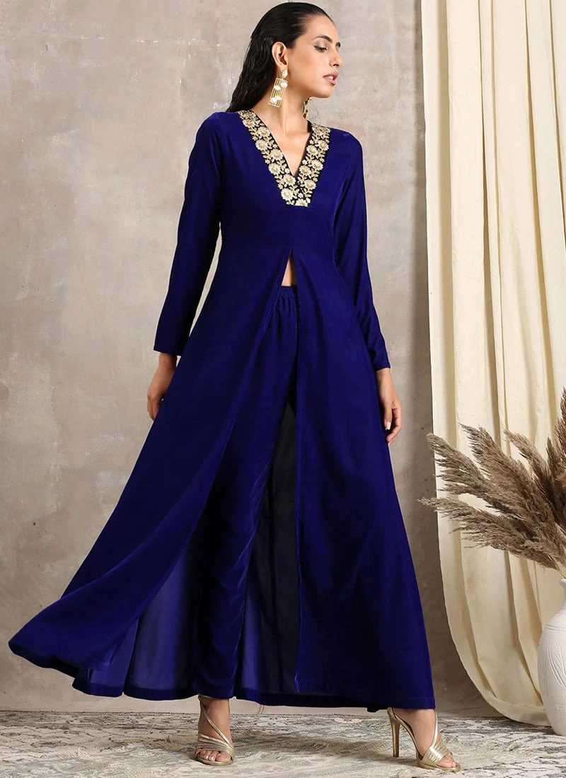 Royal Blue Velvet Kurta Straight Pant Set Work Wear - Image 3