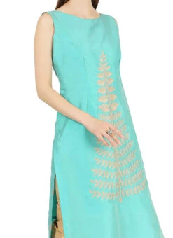 Sea Green Taffeta Silk Embroidery Kurta Straight Pant Set Party Wear