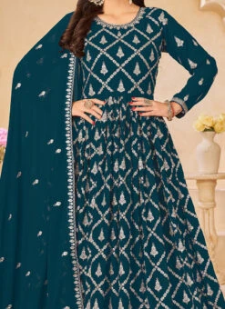 Teal Blue Faux Georgette Embroidered Anarkali Suit Party Wear