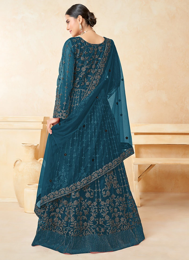 Teal Blue Net Embroidered Anarkali Suit Party Wear - Image 4