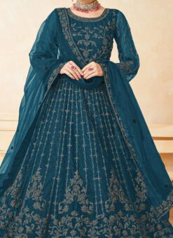 Teal Blue Net Embroidered Anarkali Suit Party Wear