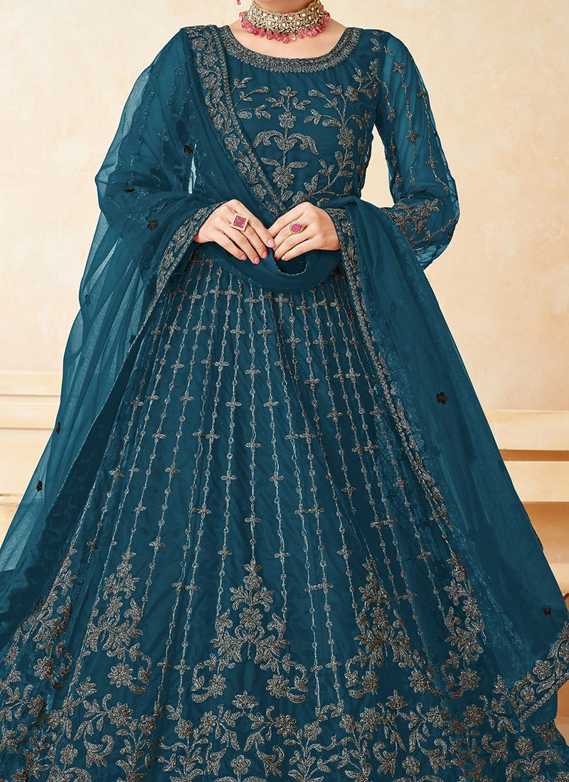 Teal Blue Net Embroidered Anarkali Suit Party Wear