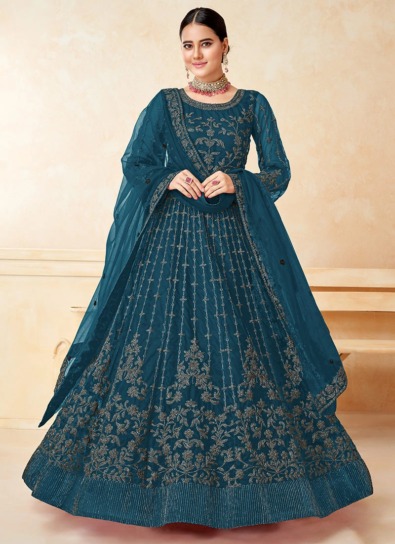Teal Blue Net Embroidered Anarkali Suit Party Wear - Image 3