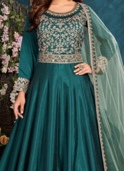 Teal Blue Soft Art Silk Embroidered N Sequins Anarkali Suit Wedding Wear