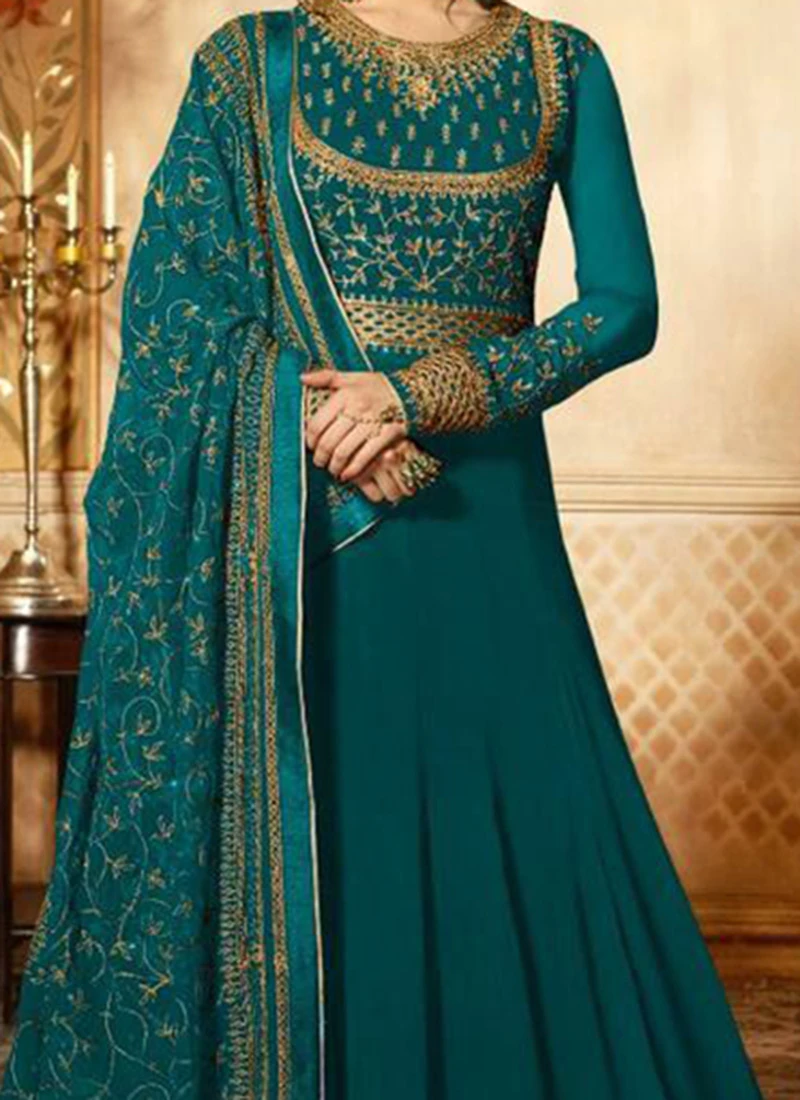 Turquoise Green Embroidered Abaya Style Anarkali S Party Wear